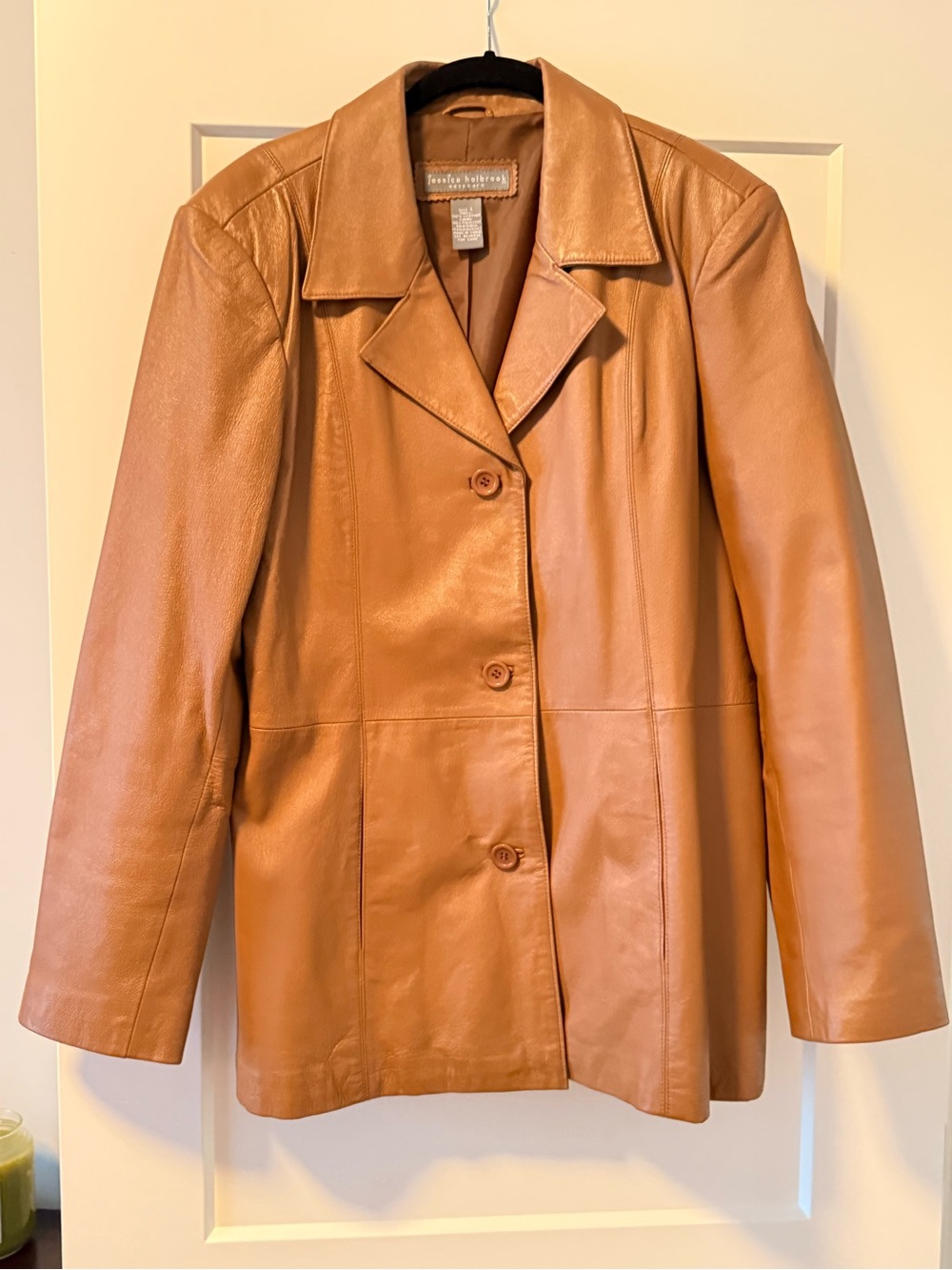 Leather Button-Front Jacket in Cognac by Jessica Holbrook
